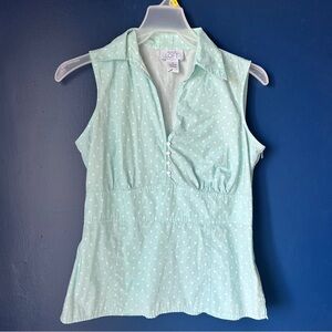 LOFT Mint Green Polka Dot Sleeveless Blouse Size  4 Cotton Preppy Collar